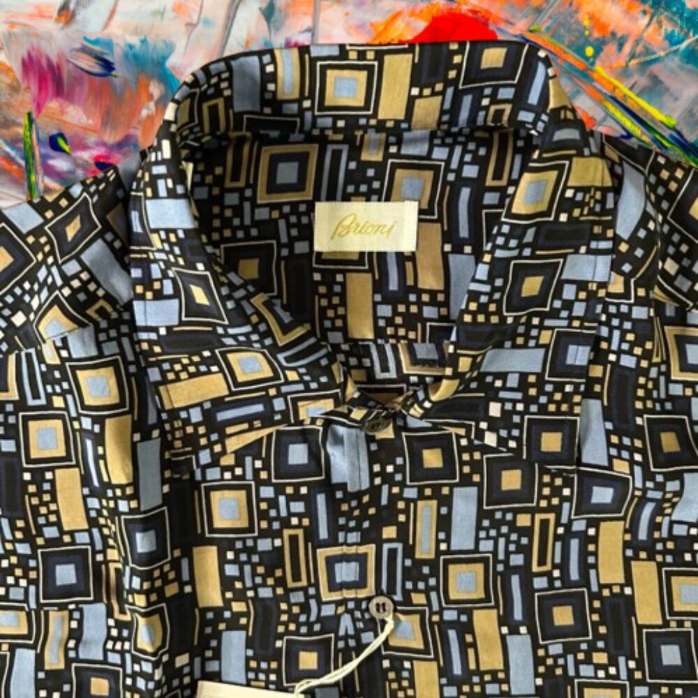$1195 Brioni Mens Navy Blue Abstract Hawaiian XL Rayon Camp Sport Shirt Italy